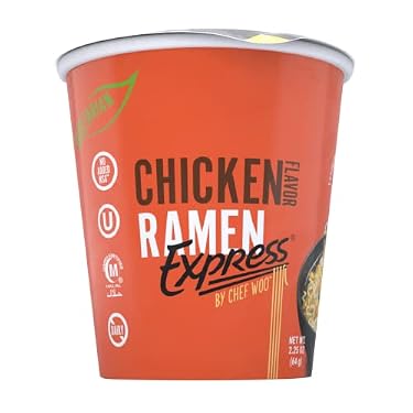 AMAZON - RAMEN EXPRESS Chicken Flavor Ramen Cup Noodle, 2.25 Oz Each (Pack Of 12) by Chef Woo | Vegetarian Ramen Noodles | No MSG | Halal | Egg-Free and Dairy-Free