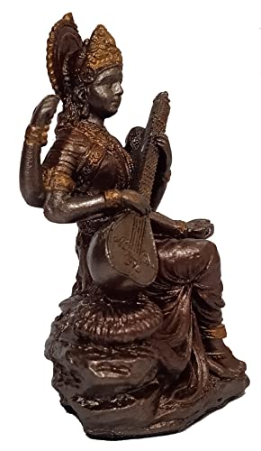 Purpledip Resin Idol Saraswathi, Goddess Of Knowledge Music Arts: Collectible Bronze Finish Statue for Home Temple 3 Inches (12562) - Image 2
