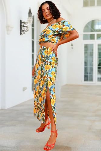 Image of POPWINGS Casual Bagru Printed Cotton Top and Skirt Set for Women || Pom Pom Top and Long Slit Skirt Set for Women || Two Piece Women Set for Summer