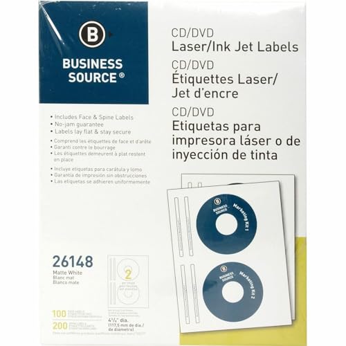 Business Source CD/DVD Labels for Laser and Inkjet Printers - Pack of 100 (26148) , White