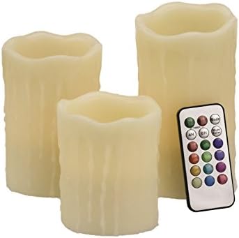 Safeway Candlelites - Set of 3 Drip-Look Round LED Candle Lights 3" 4" 6" Vanilla Scented, Flameless, Color Changing With Flickering Flame, Smooth Real Wax, High Performance With Remote Control Timer