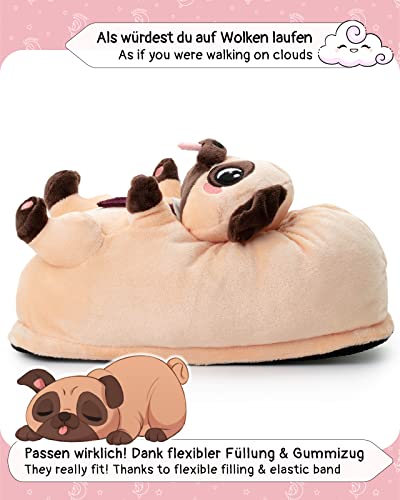 corimori Witizige Plüsch-Hausschuhe Mops Coco für Erwachsene und Kinder | Braun, EU Einheitsgr. 34-44 | Pantoffeln Slipper Schuhe