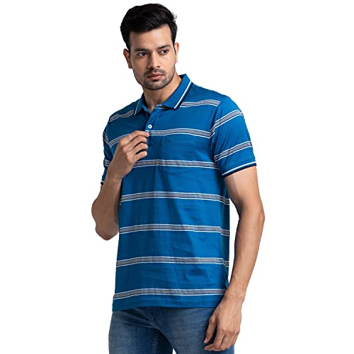 Image of Colorplus Men's Pure Cotton Stripe Pattern Tailored Fit Polo Neck Half Sleeve Casual T-Shirt