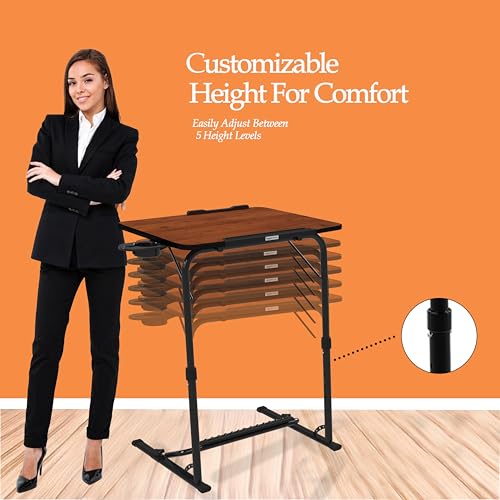 Image of Amazon Basics | Work Easy | Height Adjustable Laptop Table with Footrest | Adjustable Table Top Angle | Alloy Steel | Rustic Amber | 75 cm - H, 60 cm - L, 44.5 cm - W