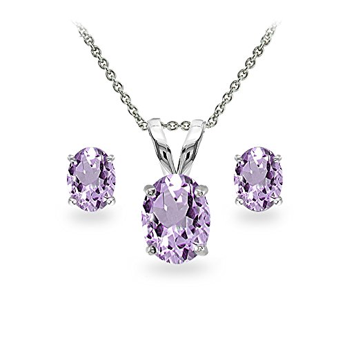 Sterling Silver Genuine, Created or Simulated Gemstone Oval Solitaire Necklace & Stud Earrings Set