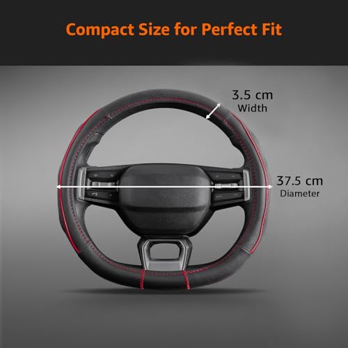 Image of Amazon Basics Leather Steering Wheel Cover (Medium - 38 cm) | Breathable, Non-Slip Polyvinyl Grip with Sporty Black Stitching & Easy Installation (Black and Red)
