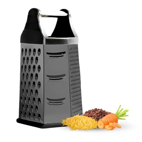 Stainless Steel Cheese Grater with Container – 6-in-1 Nonstick Box Grater w/ 6 Sides – Versatile Cheese Grater with Handle – Use as Cheese Shredder, Vegetable Grater, Food Graters for Kitchen (Black)