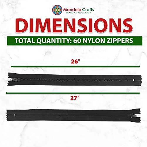 Image of Mandala Crafts 60 PCs Black Closed-End 26 Inch Nylon Zippers for Sewing