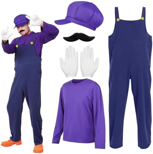7 Pcs Bad Plumber Costume Overall Purple Shirt Hat Mustache Glove...