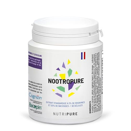 Nutripure | Nootropure | Complément Alimentaire Performances Cognitives | Mémoire, Concentration, Anti-Stress | Rhodiola, Bacopa, Tyrosine | 90 gélules | Cure de 1 mois | Made in France