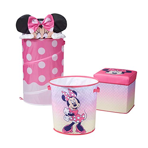 Idea Nuova Disney Minnie Mouse 3 Piece Collapsible Storage Set with Collapsible Ottoman, Bin and Figural Dome Pop Up Hamper, Pink