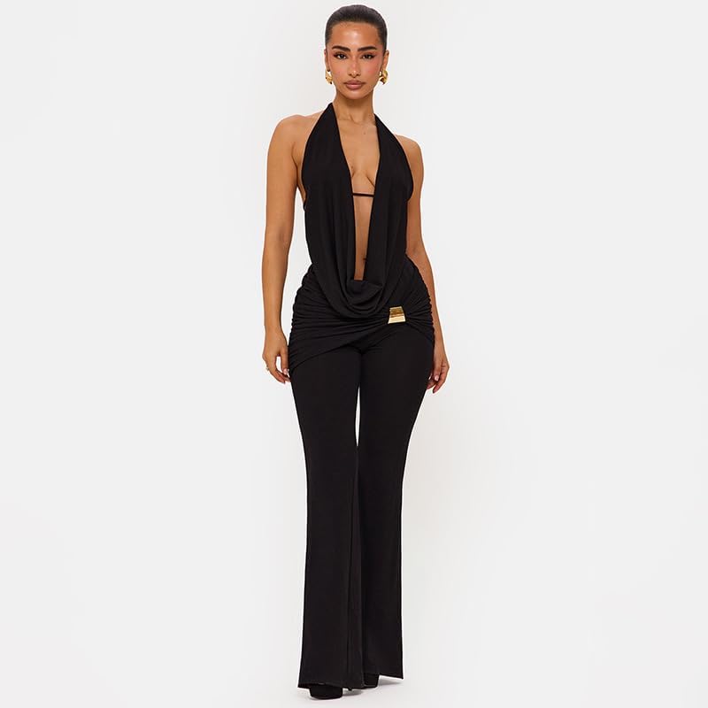Womens 2 Piece Outfit Halter Neck Sleeveless Top and Flare Long Pant Sexy Backless Y2K Set Party Club Outfits - Image 2