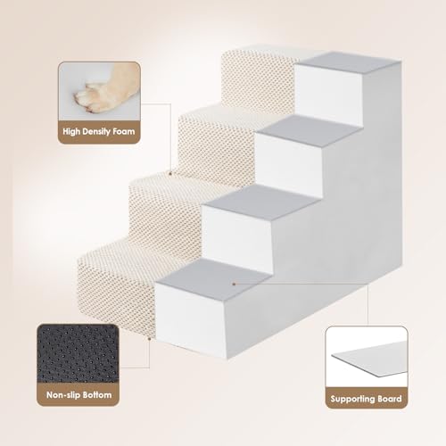 Image of EHEYCIGA Dog Stairs for Bed 18 inch H, 4-Step Dog Steps for High Bed, Pet Steps for Small Dogs and Cats, Non-Slip Balanced Pet Ramp Indoor, Beige