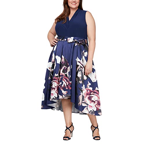 Image of S.L. Fashions Women's Plus Size Tea Length Tuck Neck Fit and Flare Dress