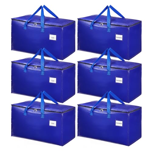 MUNBYN Extra Large Moving Bags, 6 Pack Heavy Duty Storage Bags with Strong Zippers and Handles, Collapsible Storage Totes Moving Supplies for Space Saving, Blue
