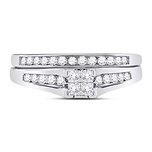 10K White Gold Princess Cut & Round Diamond Bridge setting Bridal Engagement Ring & Matching Wedding Band Two Piece Set - Invisible Set Square Princess Center Setting Shape with Channel Set Side Stones (.47 cttw.)2