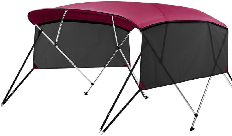 KAKIT 3 4 Bow Bimini Tops with Mesh Sidewalls Support Poles for Boats Marine Grade Canvas Top includes 2 Straps Storage Boot 1 Inch Aluminum Frame 4 Bow 8'L x 54" H x 73"-78" W burgundy