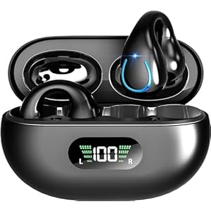 Bone Conduction Headphones Wireless Earbuds – Comfort Open Ear Headphone, Clip On Bluetooth 5.3 Ear Buds, Built-in Microphone HIFI Sound Running Earphones with LED Display Charging Case, Ear Clip Buds