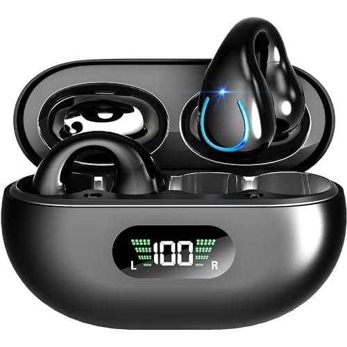 Bone Conduction Headphones Wireless Earbuds – Comfort Open Ear Headphone, Clip On Bluetooth 5.3 Ear Buds, Built-in Microphone HIFI Sound Running Earphones with LED Display Charging Case, Ear Clip Buds