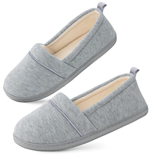 EverFoams Womens' Memory Foam Comfort Knit House Shoes Light Weight Terry Cloth Loafer Slippers with Anti-Skid Rubber Sole Light Grey 9 UK