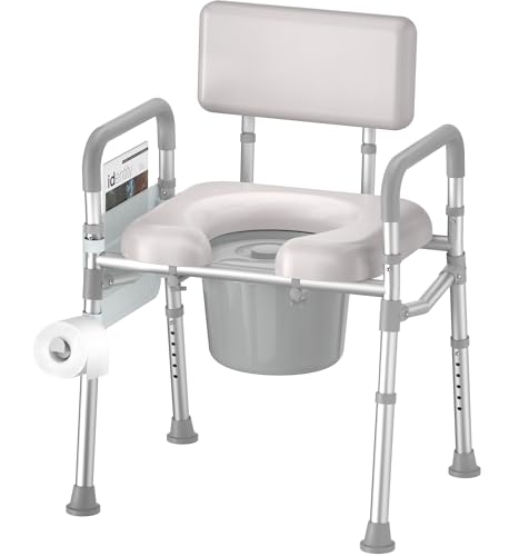 SOUNDFUSE Bedside Commode Chair with Padded Seat and Backrest, Aluminum Dual-Crossbar, Height Adjustable, Portable Toilet for Seniors and Adults, Potty Bucket and Splash Guard, 350 lbs Weight Capacity