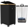 Laundry Hamper with Wheels,20 Gal (75L) Laundry Basket with lid Rolling Clothes Hamper Foldable Dirty Clothes Basket on wheels with Bamboo Frame and Bag for Bedroom, Dorm, Laundry Room-Black