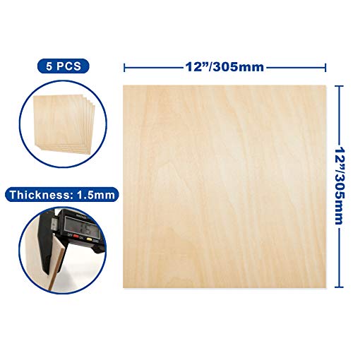 Plywood Sheet Board Squares, A Grade, 12 x 12 inch, 1.5mm Thick, Pack of 5 Unfinished Wood for Crafts Basswood by Craftiff