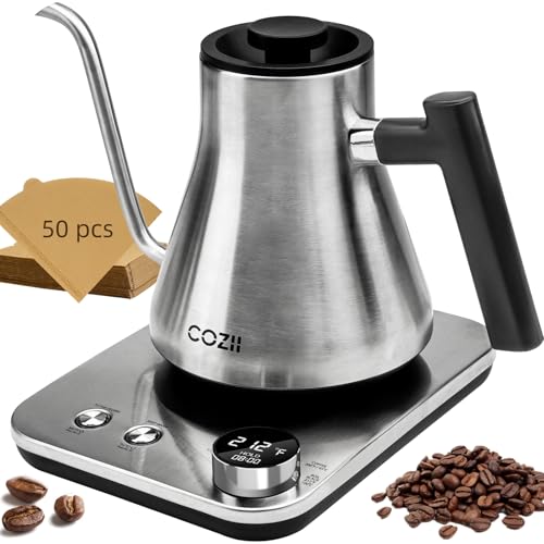 COZII Gooseneck Electric Kettle with Temperature Control, 24H Keep Warm Pour Over Kettle for Coffee & Tea,±1? Temperature Control 1200W Quick Heating Water Boiler with 50pcs Coffee Filter,0.9L