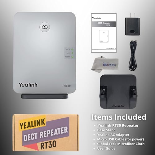 Yealink RT30 Wirlesss DECT Repeater Basestation - for W52P, W56P, W56H, W70B, W70P, DD10K, W60P, W60B, Compatible Cordless Phones: W73H,W78H, W57R, W59R, W53H, W56H, with Global Teck Cloth