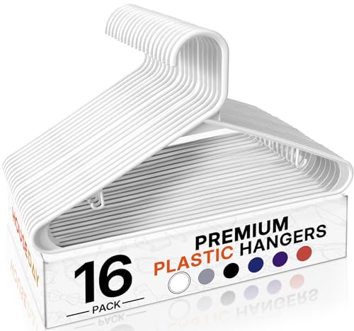 HOUSE DAY White Plastic Hangers 16 Pack, Space Saving Coat Hanger, Clothes Hanger with Non Slip Hooks, Plastic Clothing Hangers for Closet, Ideal for Everyday Use on Shirts, Coats, Pants, Dress