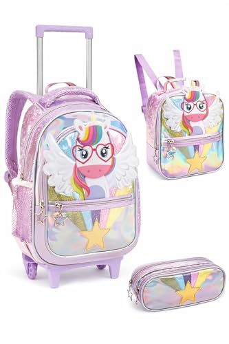 Kit Mochila Escolar Infantil com Rodinhas 3 em 1 para Menina – Mochila + Lancheira + Estojo – Mochila de Rodinha Feminina Infantil - Sereia, Unicórnio e Fada (Unicórnio 3)