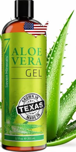 Seven Minerals Pure Aloe Vera Gel, 98.7% Organic Aloe from Freshly Cut Texas Leaves, Not Powder - 12 oz - Clear, Unscented, Non-Sticky, Vegan - Face, Skin & Hair Moisturizer, After Sun Relief
