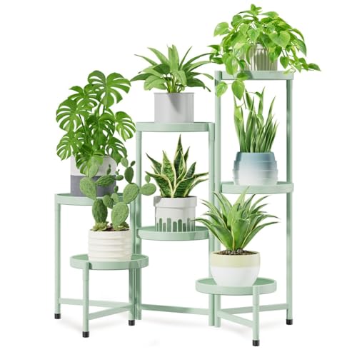Image of iDavosic.ly 7 Tier Large Plant Stand Indoor, 10 Inch Wide Tall Corner Metal Plant Stands Outdoor for Multiple Plants, Folding Tiered Flower Display Holder Rack Shelf, Light Green