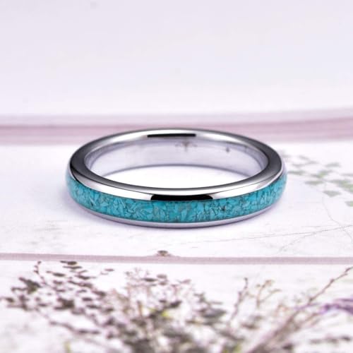 (4mm) Unisex or Women's Tungsten Carbide Wedding Ring Band. Domed Silver Tone Ring with Blue Turquoise Granules Inlay. One Year Warranty Included.2