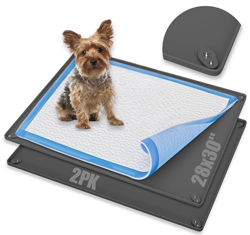 Image of TidyFriend 2 Pk Pee Pad Holder Tray for 28 inch x 23 inch Pee Pads with Corner Lock Holes, Raised Edges, Non-Spill, Easy to Clean Silicone Dog Potty Tray Holder, for Indoor Floor Protection (Grey)