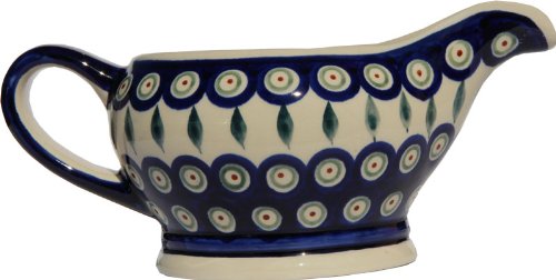 Polish Pottery Gravy Boat 16 Oz. From Zaklady Ceramiczne Boleslawiec #1258-56 Peacock Traditional Pattern, Capacity 16 Oz.