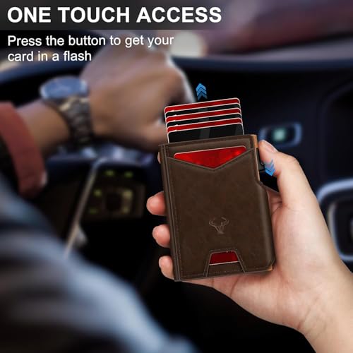 Image of VOGARD Smart Pop-Up Leather Wallet for Men & Women | RFID Blocking Card Holder with Money Clip | Slim Magnetic Bifold Wallet with Quick Access Button - Holds 14 Cards & Cash (Coffee Brown)
