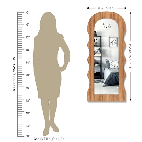 Image of Creative Arts n Frames 18x42 inch Long Wooden Irregular Curve Zigzag Shape Wall Hanging Wall Mount Full Length HD Mirror Home Decor Items (Natural Iqurel Oak Zigzag 4)