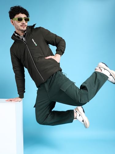 Image of The Indian Garage Co Men Black Regular Fit Solid Hooded Bomber Jacket