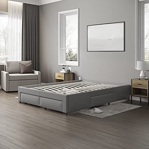 Ztozz Isola Platform Bed With 4 Storage Drawers - Queen Size Faux Leather Upholstered Bed Frame With Roll Out Drawers - Light Gray Color #TOP5