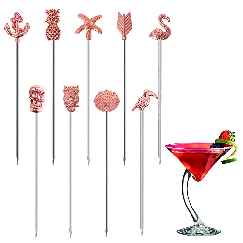 Martini Cocktail Picks Reusable Olive Picks Garnish Skewer Fruit Toothpicks Set of 9 (Rose Gold)