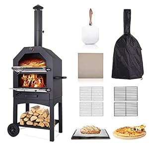 Vonzoy Wood Fired Outdoor Pizza Oven with Waterproof Cover, Pizza Stone and Peel, Wood Burning Pizza Oven with 2 Wheels for Outside