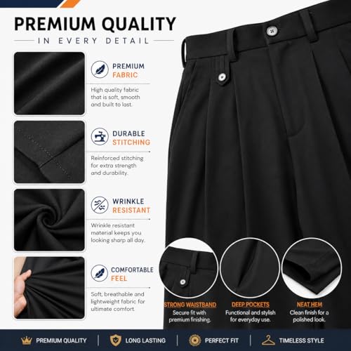 Image of Men's Relaxed Straight Leg Loose Fit Pleated Trousers | Mid-Rise Formal Pants with Zip Fly & Button Closure | Solid Regular Length Office Wear Trousers