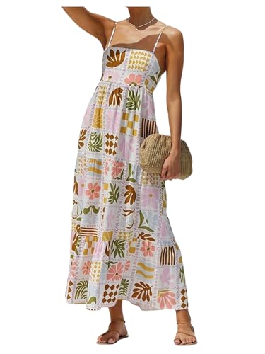 Floerns Women's Summer Boho Spaghetti Strap Maxi Dresses Shirred Beach Dress Flowy Sundress