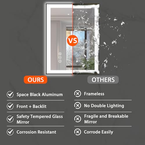 28x36 Lighted Bathroom Mirror, Wall-Mounted, Black Rim Mirror, Vanity(Front and Backlit), Stepless Dimmable CRI90+, Anti-Corrosion, Anti-Rust, Touch Sense, Memory(Horizontal/Vertical)