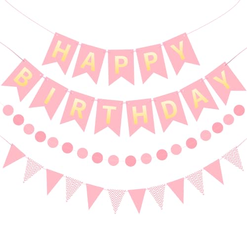 Image of Pink Happy Birthday Banner Hanging Sign Circle Dot Triangle Bunting