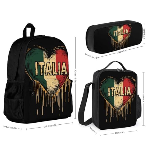 Italian Flag Vintage Italy Love Flow Backpack 3 Set with Lunch Bag Insulated Shoulder Meal Tote Bags Pencil Case Box Casual Daypack2