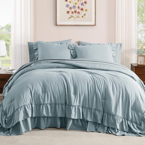 Image of Queen Comforter Set Dusty Blue Ruffle 7 Pieces Farmhouse Bed in a Bag | Shabby Chic Fluffy All Season Bedding Sets with Sheets, Pillowcases & Shams