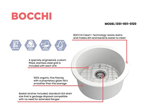 Bocchi Sotto Round Dual-Mount Fireclay 18.5 In. Single Bowl Bar Sink With Protective Bottom Grid And Strainer In White #TOP2
