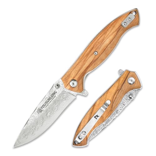 YOUSUNLONG Navaja plegable de bolsillo - Hoja de acero damasco japonés, longitud total 191 mm Cuchillo de camping - Mango de madera de olivo italiano